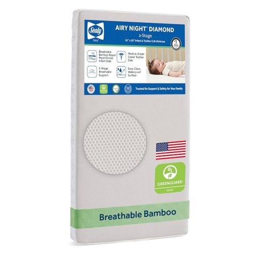 Sealy Baby Infant & Toddler Crib Mattress - Airy Night 2-Stage, Waterproof and Breathable, GREENGUARD GOLD Certified, Made in USA, 52x28