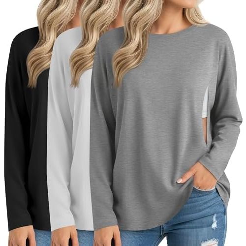 3 Pack Women's Nursing Breastfeeding Tops Long Sleeve Maternity Shirts Oversize Hidden Zipper Pregnancy Clothes