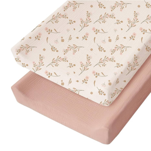 Konssy Muslin Changing Pad Cover for Baby Girls Boys, 100% Cotton Fitted Diaper Chang Table Covers, Soft Breathable Changing Pad Sheets, 2 Pack (Floral,Pink)