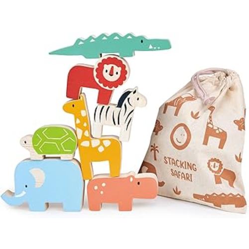 Mentari Toys - Happy Stacking Safari - 7pc Wooden Stacking Toy for Toddlers - Colorful Safari Balancing Activity Toy with Bag - Boost Fine Motor Skills and Dexterity - Educational Toy - Age 18m+