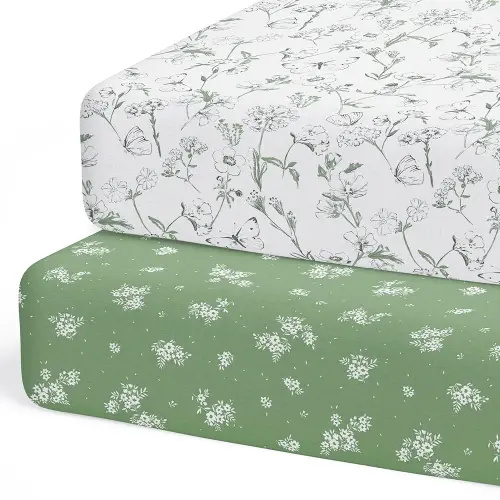 Crib Sheets Neutral - Fitted Baby Crib Sheets Bed for Girl Boy - 2 Pack Standard & Toddler Mattress (Butterfly Garden) - Buttery Soft Organic Cotton Blend
