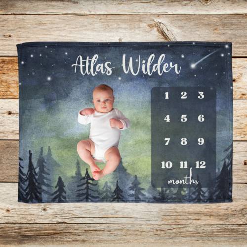 Celestial Forest Milestone Blanket, Custom Woodland Boy Name Blanket, Personalized Baby Month Blanket, Night Sky Newborn Baby Shower Gift