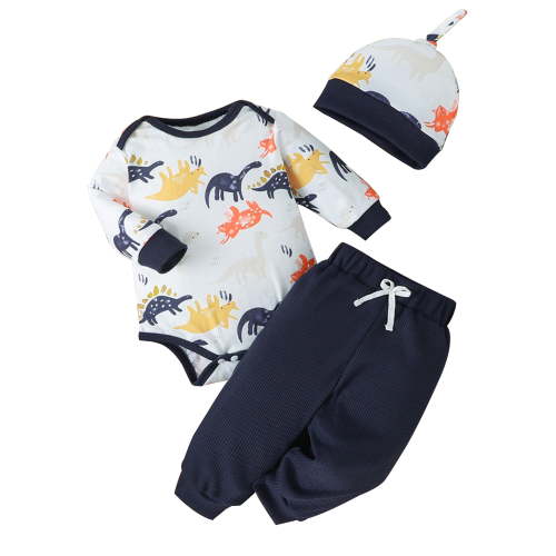 WIBACKER Newborn Baby Boy Clothes Dinosaur Print Long Sleeve Baby Romper+Waffle Pants w/Hat 3PCS Spring Fall Outfits
