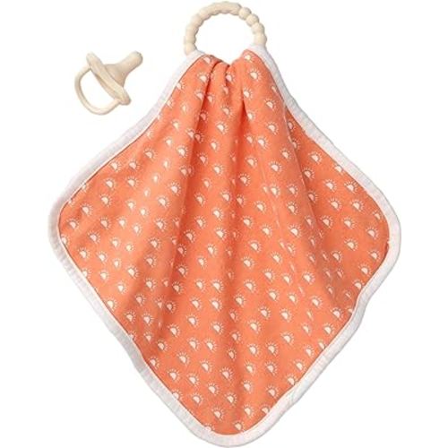 Dr. Brown's Lovey Blanket with Beaded Teether Ring and HappyPaci 100% Silicone One-Piece Pacifier, Soothing Security Blanket Set for Baby, Peach Suns, 0m+