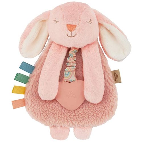 Itzy Ritzy - Itzy Lovey Including Teether - Baby Lovey with Teether, Textured Ribbons & Dangle Arms - Features Crinkle Sound, Sherpa Fabric and Minky Plush (Pink Bunny)