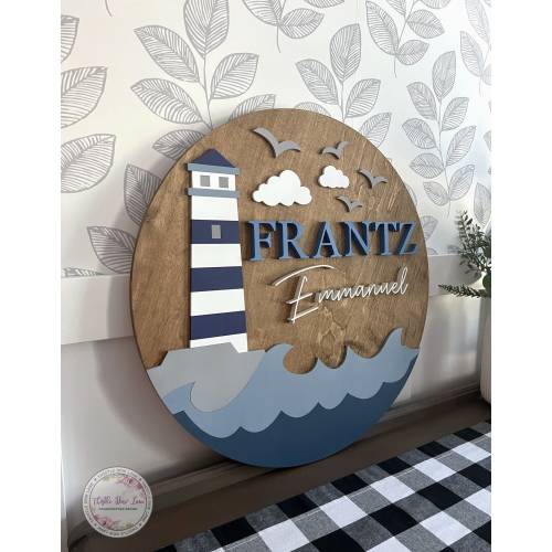 Lighthouse Name Sign, Nautical Nursery theme, Round 3D Nursery Name Sign, Custom Name Sign, Kids Bedroom Decor, wooden nursery name sign