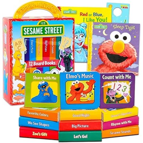 Sesame Street Board Books Set Toddlers Babies Bundle - Pack of 12 Chunky My First Library Board Book Block with Stickers | Elmo Books for Infants