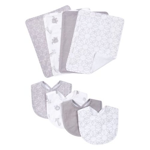 Gray and White Circles 8 Piece Bib and Burp Cloth Set