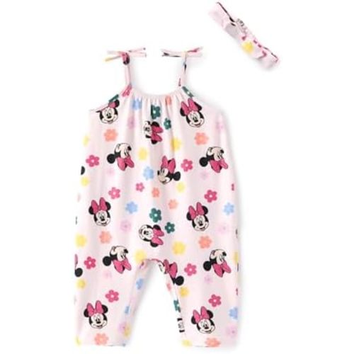Disney Frozen Elsa Princess Minnie Stitch Marie Girls Romper with Bow Tie Strap and Headband Cute Jumpsuit for Baby & Toddler