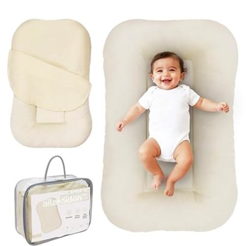 Aila + Aiden Baby Lounger | Organic Cotton Infant Lounger | Adjustable & Portable Floor Lounger |Supervised Use | Soft, Breathable, Washable Cover - Snuggle Collection - (Cream)
