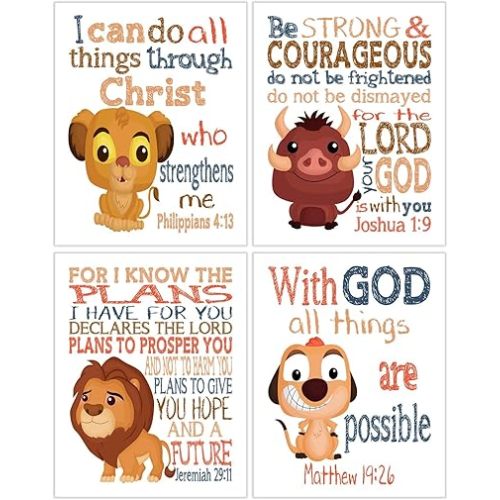 Pixie Paper Lion King Christian Nursery Decor Set of 4 Unframed Prints Mufasa, Pumba, Simba and Timon with Bible Verses