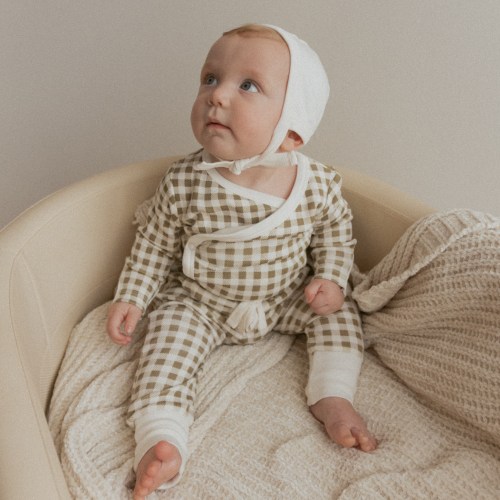 Organic Kimono Onesie & Pants Set - Olive Gingham