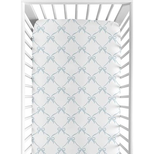 Sweet Jojo Designs Fitted Baby Crib Sheets (Blue Bows) for Girls, Infant Nursery, Toddler Room - Standard Size (Tiffany and White Bow for the Ballerina Ballet Collection, Vintage Coquette Aesthetic)