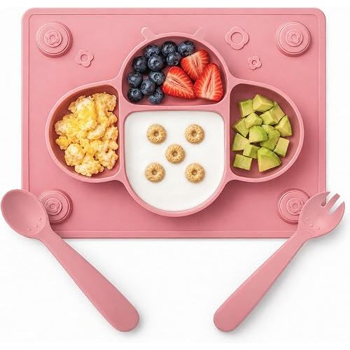 Suction Plates for Baby Placemat Spoon Fork Set for Toddlers, Silicone Baby Plates with Suction Baby Dishes for Kids Plates-pale mauve