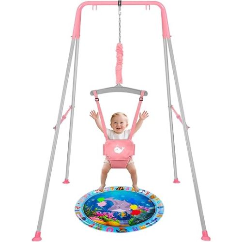 Baby Jumper with Stand for 6-24 Months, Baby Exerciser for Active Babies, Toddler Jumper Bouncers for Baby Girl/Boy with Adjustable Chain, Suitable for Indoor and Outdoor, Water Mat Included(Pink)