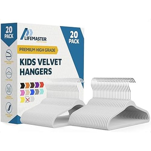 White Velvet Kids Hangers 20 Pack, 10.83" Non-Slip Baby & Toddler Hangers for Clothes, Space-Saving Slim ABS Plastic with 360° Swivel Hook & Notched Shoulders, Up to 10 lb Capacity