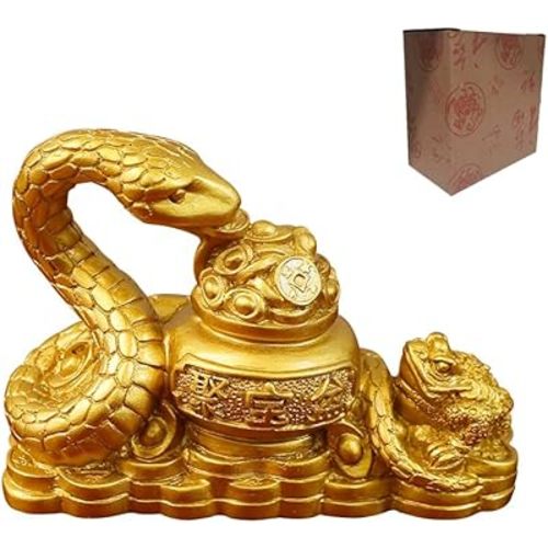 Snake Statue,Chinese Feng Shui Snake Decor,Year of The Snake 2025 Figurine Treasure Bowl Toad Zodiac Snake Resin Ornament,Chinese New Year Decorations 2025