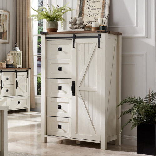 Gracie Oaks Farmhouse 5 Chest of Drawers, Tall Drawers Dresser with Sliding Barn Door & Reviews | Wayfair