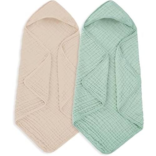 Muslin Hooded Baby Towels 100% Cotton ，Super Soft Muslin Baby Bath Towel - 32 x 32 Inches, Suitable for Newborn and Young Children up to 3 Years Old. (Beige & Green)