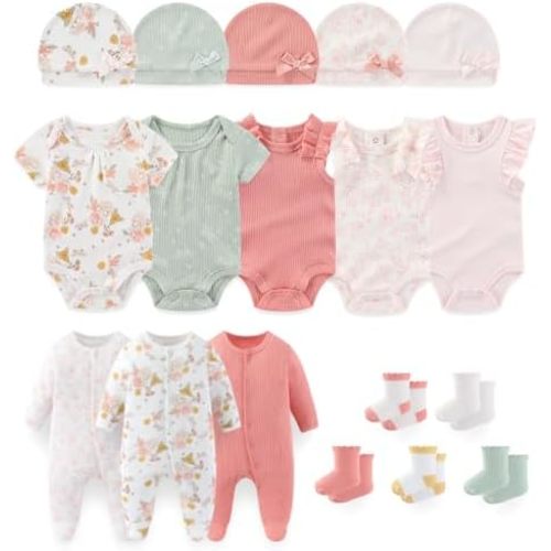 Baby Boy Girl Layette Set 18 Piece Infant Essentials Must Haves Clothes 0-12 Month Rompers+Bodysuits+Hats+Socks
