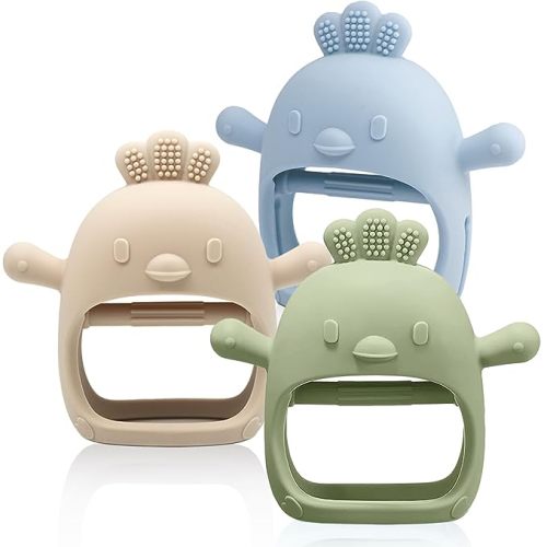 3 Pack Baby Teething Toy Silicone Teething Mitten for Babies Over 3 Months Anti Dropping Wrist Hand Teethers Baby Chew Toys for Sucking Needs, BPA Free (Olive, Caramel & Blue)
