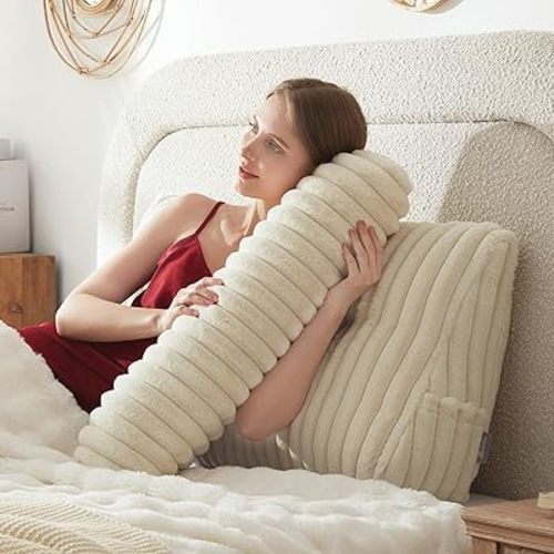 Headboard Pillow + A Long Neck Roll Pillow Body Pillow，Faux Fur Headboard Wedge Pillow with Removable Cover (Beige, Twin：39x8x20 inches)