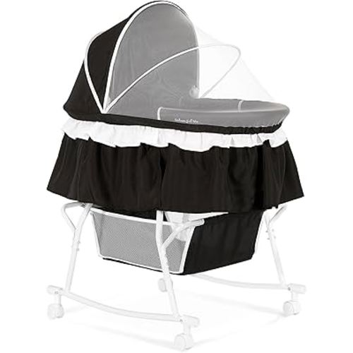 Dream On Me Lacy Portable 2 in 1 Bassinet & Cradle – Lightweight Baby Bed with Rocking Feature, Canopy & Storage Basket, Locking Wheels, Mattress Included, Baby Safety Alliance Certified, 0–25 lbs