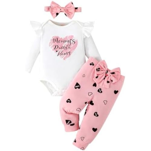 Newborn Baby Girl Clothes Outfit Set Sweet Ruffle Romper, Pants and Headband 0 3 6 9 12 18 Months Infant Clothing