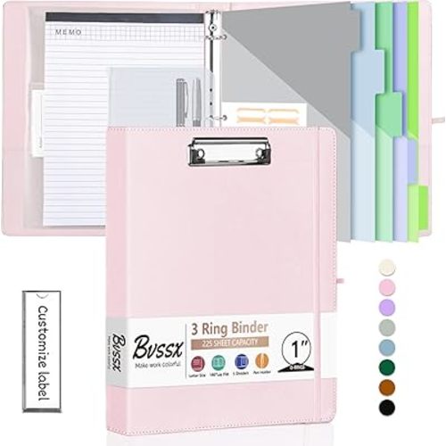 3 Ring Binder with Clipboard,1 Inch Binders with Notepad&5 Dividers with Pockets, Labels,PU Clipboards for School Office(Pink,Letter Size)