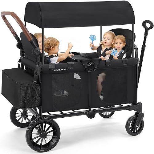 ELEMARA Wagon Stroller 4 Seater, Premium Stroller Wagon for 4 Kids, Foldable All-Terrain Wagon for Kids with Canopy, Adjustable Push/Pull Handles,Convertible High Seat&Organizer, Black