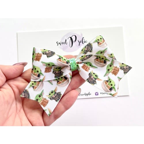 Baby Yoda Inspired Character Print on White XL Ribbon + Glitter Hair Bow // Disney Star Wars Inspired Hair Bow Headband