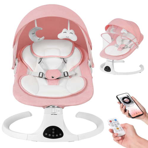 Baby Swing for Infants 0-18 Months, 5 Speed Bluetooth Bouncer with 10 Lullabies, Portable Infant Swing Chair with Detachable Toys & Mosquito Net, Lightweight for Home & Travel, Pink