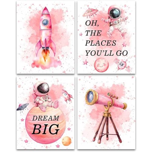 Pink Outer Space Decor for Kids Room Girls Bedroom Watercolour Star Rocket Astronaut Posters Set of 4 (8 x10 in Unframed),Cute Inspirational Art Decor for Boys and Girls Playroom Nursery