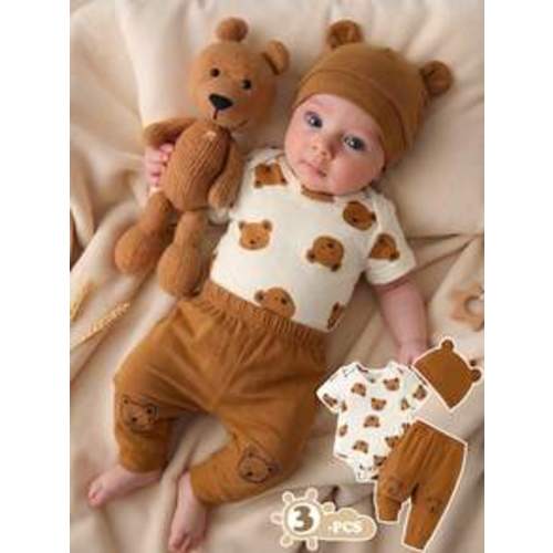 SHEIN Playful Pals Baby Boys' Summer Beige Casual Cute Bear Print Short Sleeve T-Shirt And Pants Set With Matching Bear Ear Hat Loose Fit Family Matching Outfits 3pcs | SHEIN USA