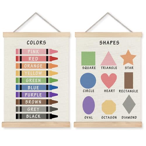Supwhd Shapes Colors Posters for Classroom Wall, Shapes Colors Learning Poster Hanger Frame Wall Decor for Classroom Nursery Kids Room Playroom Preschool Decor, 12x16 Set of 2