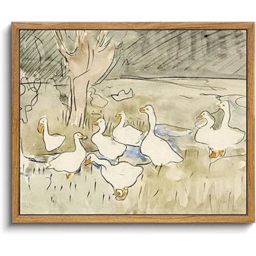 Framed Vintage Nursery Wall Decor, Farmhouse Duck Decor Art Prints for Bedroom, Rustic Animal Illustration Canvas Painting, Vintage Bathroom Wall Art Prints Cute Duck Decorations for Home (16"x24")