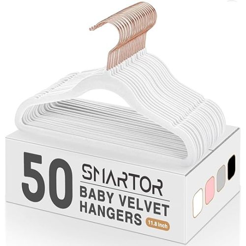 Smartor 11.8" Premium Baby Hangers Velvet for Closet 50 Pack, Durable Kids Felt Hangers Non Slip for Toddler, Baby Clothes Hangers for Childrens on Closet Storage (Rose Gold Hook)- White