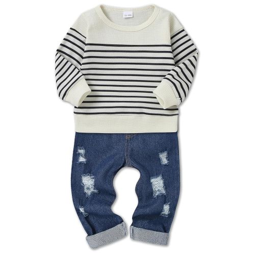 CARETOO Toddler Baby Boy Clothes Long Sleeve Sweatshirt Top Ripped Jeans Pants Set Infant Fall Winter Outfits 1-5T