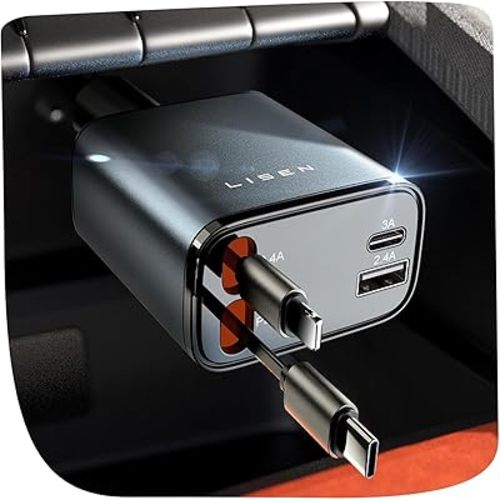LISEN Retractable Car Charger, 84W Car Charger USB C Fast Charge, 4 in 1