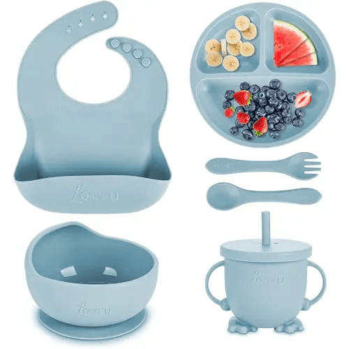 Silicone Feeding Set - Baby Led Weaning Supplies with Plate, Bowl, Bib, Spoon, Fork, Sippy Cup - BPA Free