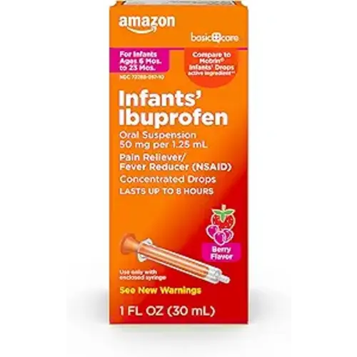 Amazon Basic Care Infants' Ibuprofen Oral Suspension Drops, Pain Reliever and Fever Reducer, 50 mg per 1.25 mL, Berry Flavor, 1 fl oz