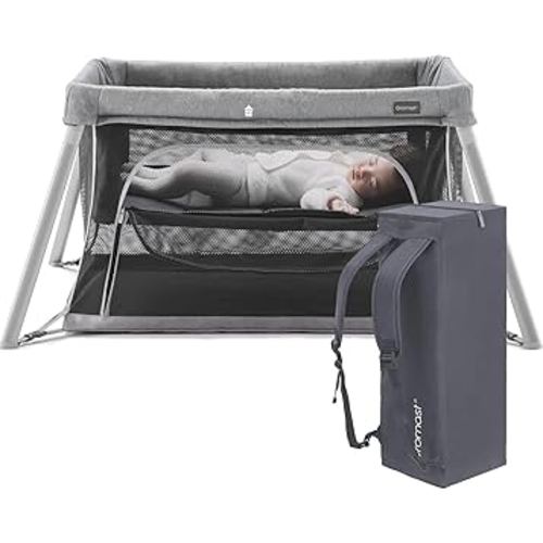 2 in 1 Portable Travel Crib for Toddler, Foldable Crib for Baby, Lightweight Playpen Collapsible Playard with Soft Mattress, Easy to Carry Baby Travel Bed for Outdoor, Indoor (Grey)