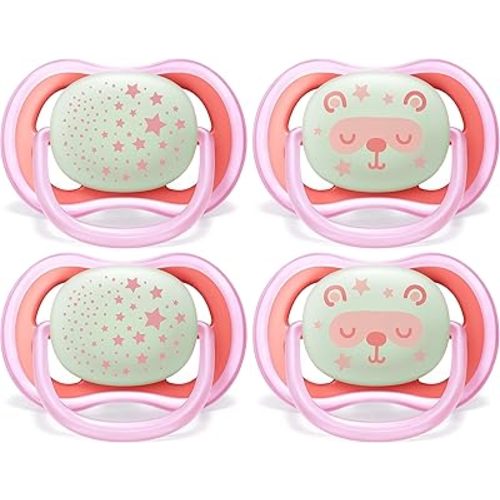 Philips AVENT Ultra Air Nighttime, 6-18 Months Pacifier, Pink, Pack of 4, SCF376/44