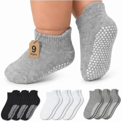 Infinno Baby Non Slip Ankle Socks 9 Pairs - Toddler Socks with Grips for Kids, Infants Boys and Girls 6-24 Months, 1T-7T