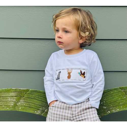 Smocked Hunting Shirt in White Knit (pants sold separately)- Deer, Dog, Duck, Fall, Toddler boy knit cotton shirt 762 *A