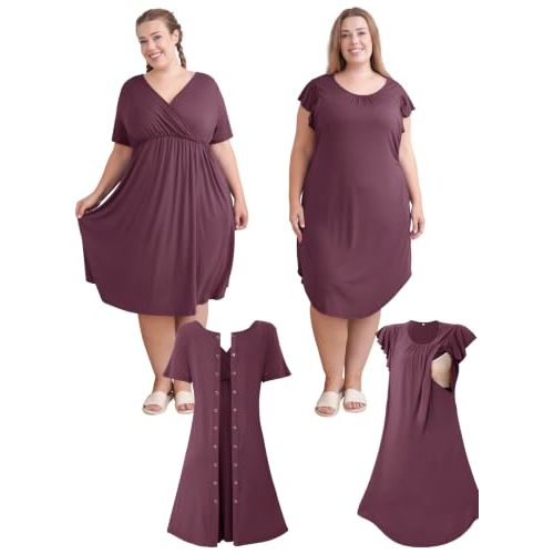 Rnxrbb 2PCS Labor&Delivery Gown+Nursing&Postpartum Nightgown Hospital&Daily | Birthing Gown,Open Back Button Closure,C-section+Breastfeeding Gown Clothes,Birth to Recovery,Pregnancy to Postpartum