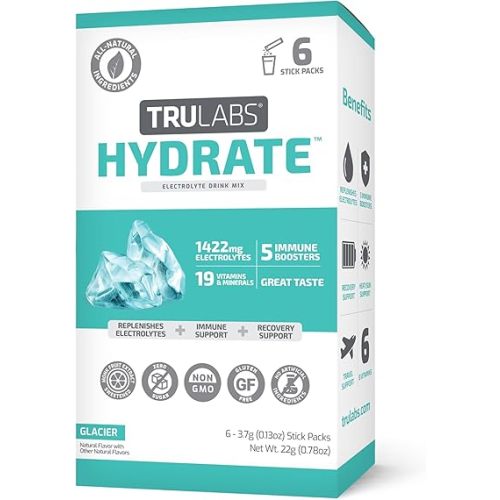 TRULABS Hydrate Glacier 6ct. Sugar Free Electrolytes Hydration Packets. Each Serving Contains 1422 mg of Electrolytes &19 Vitamins & Minerals.