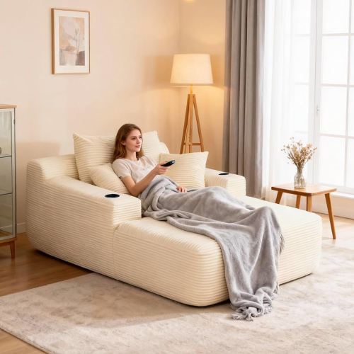 Chaise Lounge Chair Indoor, 67" Oversized Sofa Bed with Pillows No Assembly Required, Deep Seat Corduroy Boneless Sleeper Couch for Living Room Bedroom, Modern Reading Chair, White