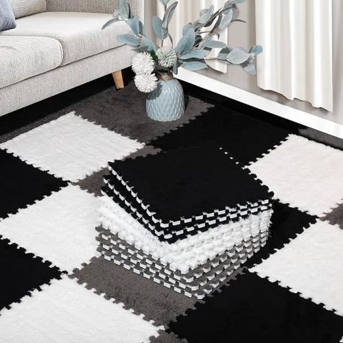 12 Pcs Plush Interlocking Carpet Tiles, Non-Toxic Foam Carpet Tiles for Toddler Baby, Anti-Slip, EVA Foam Interlocking Tiles for Floor, Nursery, Playroom, Grey White Black