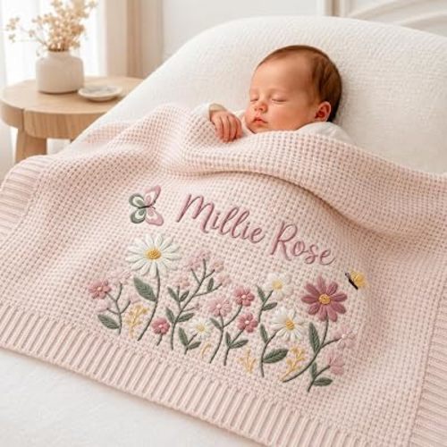 Personalized Floral Wreath Baby Blanket, Custom Name Embroidered Knit Throw with Butterflies and Bees, Soft Newborn Keepsake